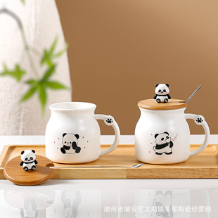 Cute panda ceramic mug coffee breakfast drinking cup with lid spoon creative wedding gift Cup wholesale