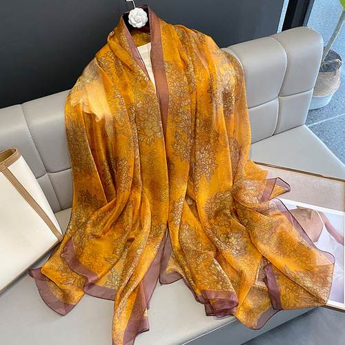 Silk scarf for women spring and autumn new style printed soft gauze extra large summer sun protection beach scarf women's gauze scarf shawl outer scarf