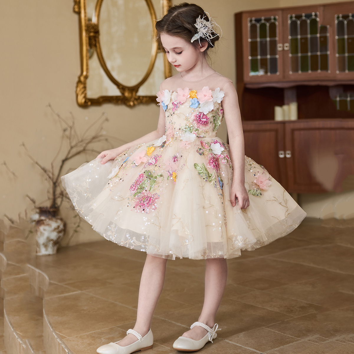 Vestido de niña lujoso nicho floral vestido de boda niña princesa vestido de cumpleaños vestido de anfitrión infantil