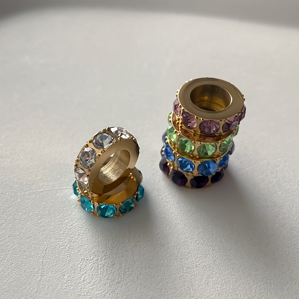 Stainless Steel Diamond-Encrusted Large Hole Spacer Spacer Beads DIY Jewelry Accessories Ins Necklace Pendant Gold-Plated Handmade Accessories