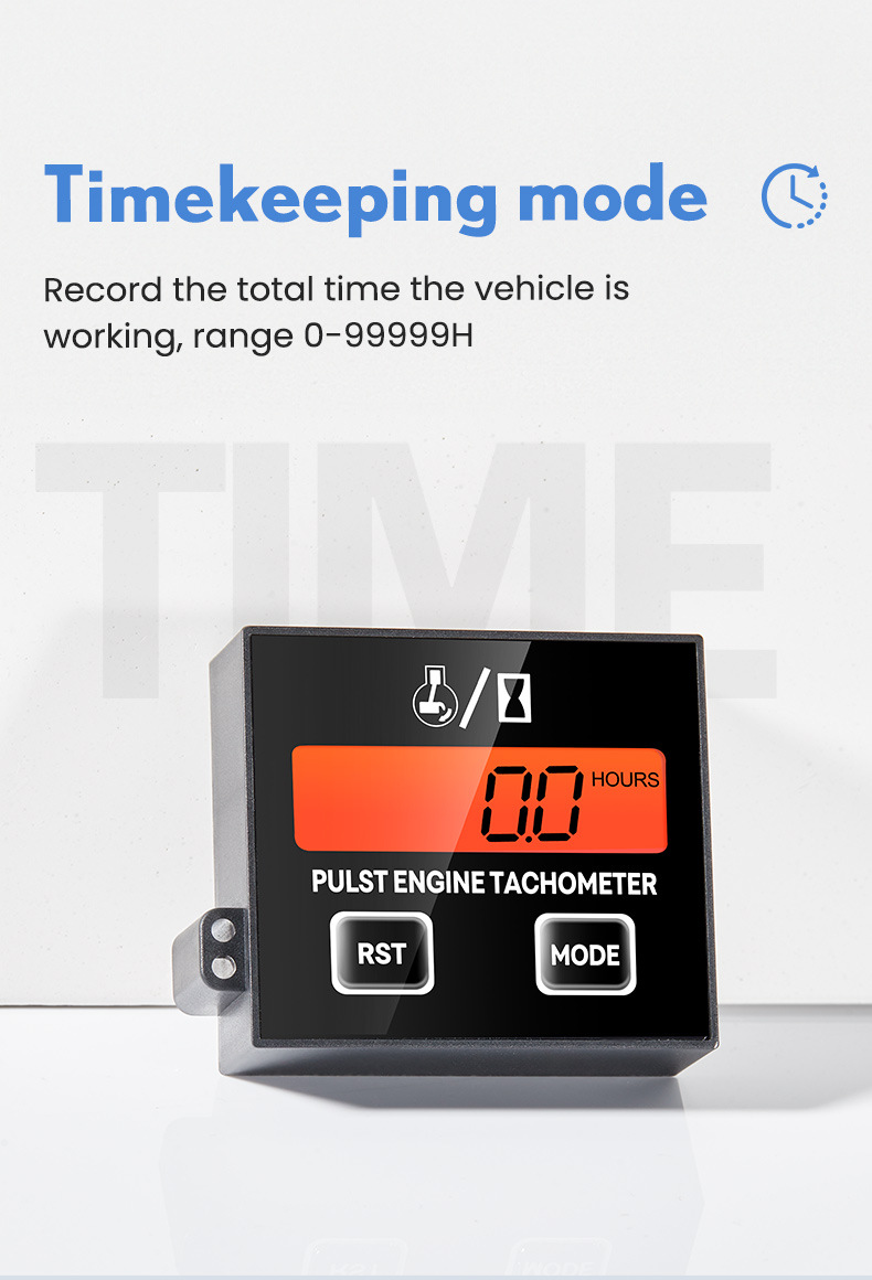 Inductive digital display tachometer for 2-stroke and 4-stroke engines, lawn mower oil accumulation timer tachometer