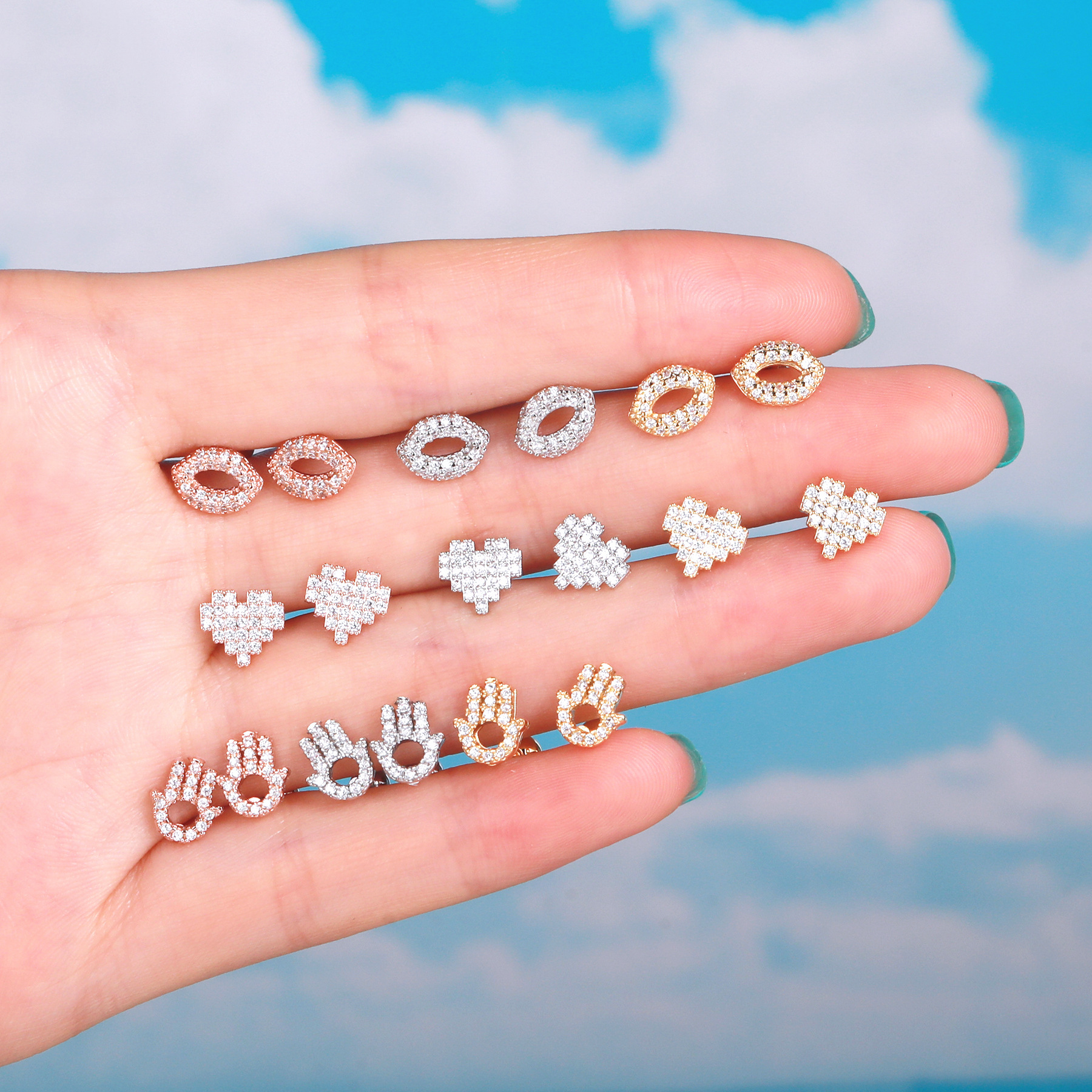 fashion peach heart palm lip ear bone nail 18K gold copper earring screw ball ear nail