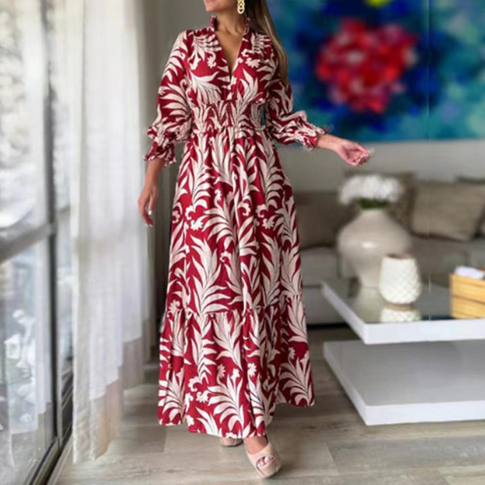 Women's Regular Dress Elegant V Neck Printing Long Sleeve Plant Maxi Long Dress Holiday Daily display picture 4