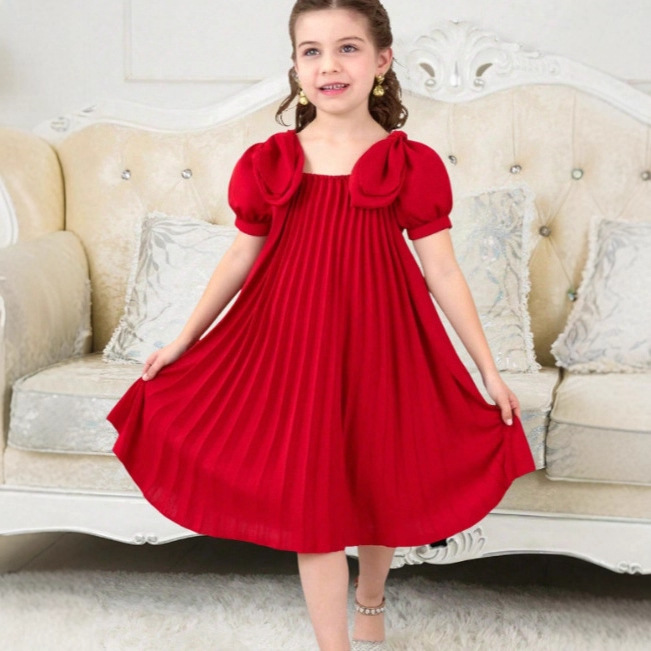 Girls' New Summer Style Wide Dress with Big Bow on the Shoulder, Puff Sleeves, French Style Pleated Dress
