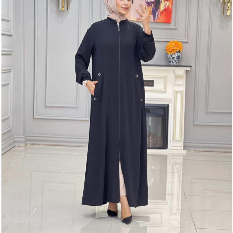 In Stock In Dubai, Middle East, 2024 New Fashion Stand-up Collar Zippered Pocket Loose Casual Dress Women's Robe_ecoleips.com