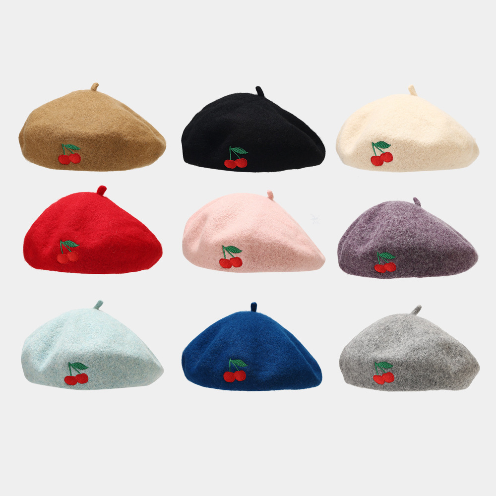 112g Weight Beret Hat Hats Type Daily Occasion Artificial Wool Material Cherry Pattern Autumn&Winter Season Women's Gender Embroidery Design Cute, Sweet Style Eaveless Rim Women's Cute Sweet Cherry Embroidery Eaveless Beret Hat 无