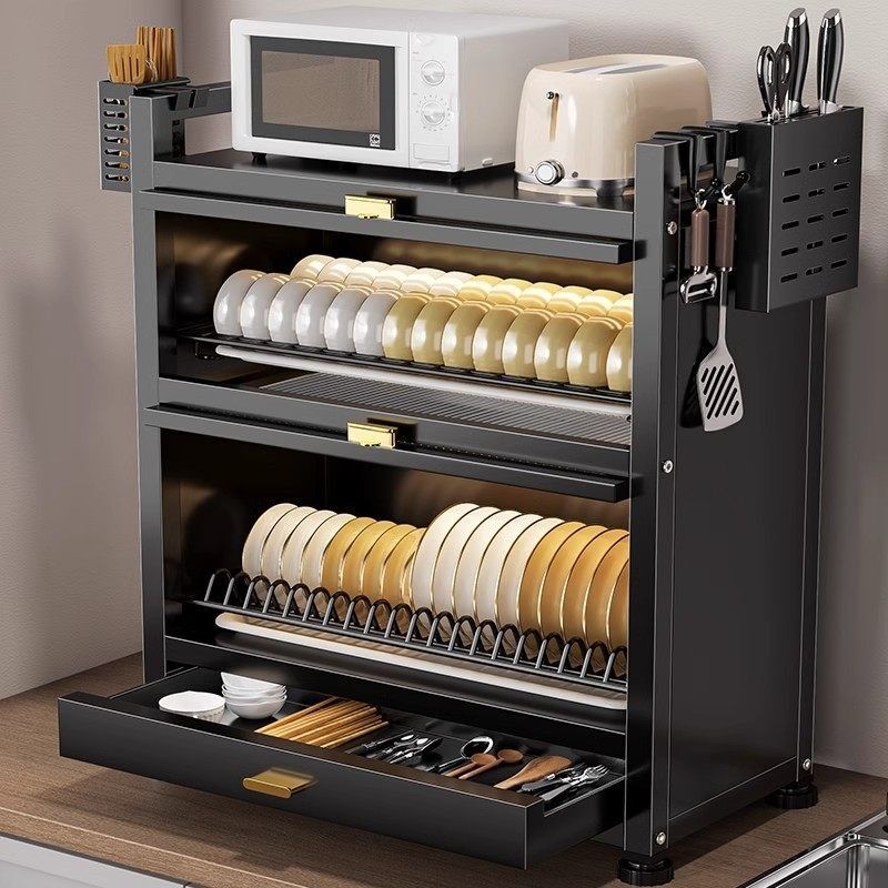 Kitchen Dish Storage Rack with Door, Dust-Proof Dish Rack, Countertop Multi-Functional Storage Box, Household Dishware and Cutlery Draining Rack