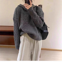 麻花连帽毛衣女复古慵懒风宽松软糯韩版套头针织衫秋冬季新款上衣