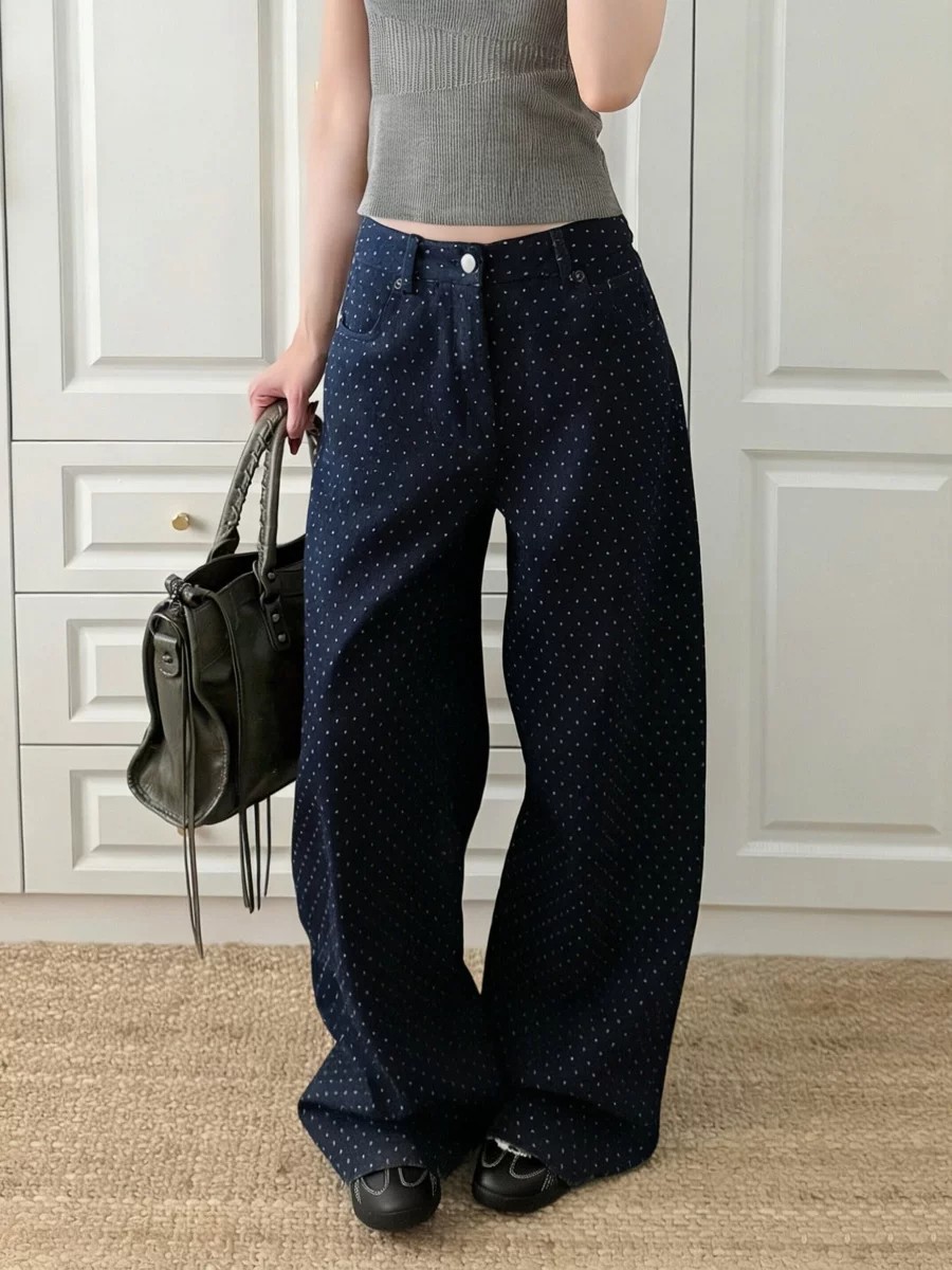American-Style Blue Polka Dot Design Jeans for Women, 2026 New Model, Wide-Leg Pants, Casual Lazy Style, Floor-Length Pants