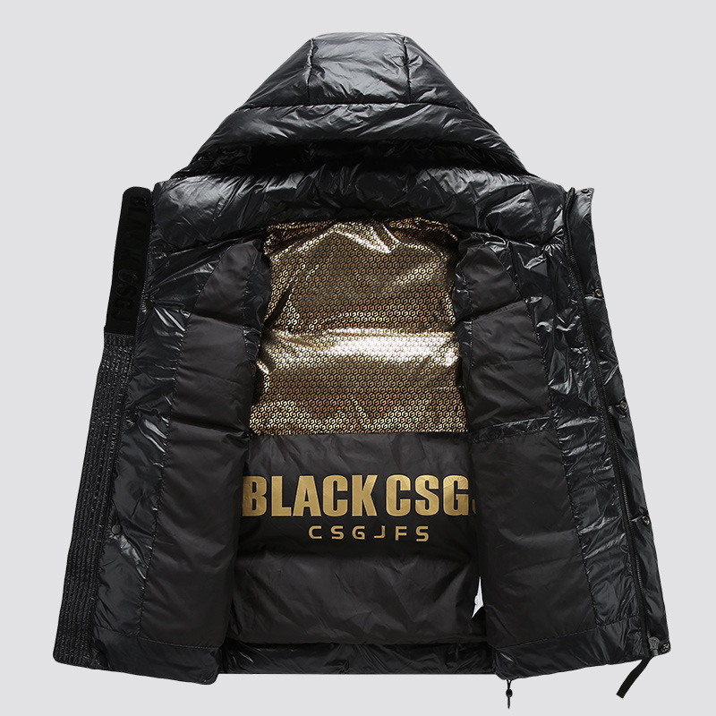 Winter down Vest Trendy Black Gold Glossy down Vest Men's Sports Casual Hooded Jacket