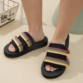 潮牌面包拖鞋夏季外穿厚底沙滩一字拖鞋男女踩屎感时尚魔术贴拖鞋