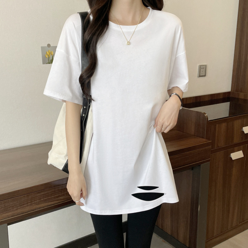 Women's cotton short-sleeved T-shirt 2023 new mid-length ripped versatile age-reducing slimming white design top fashion