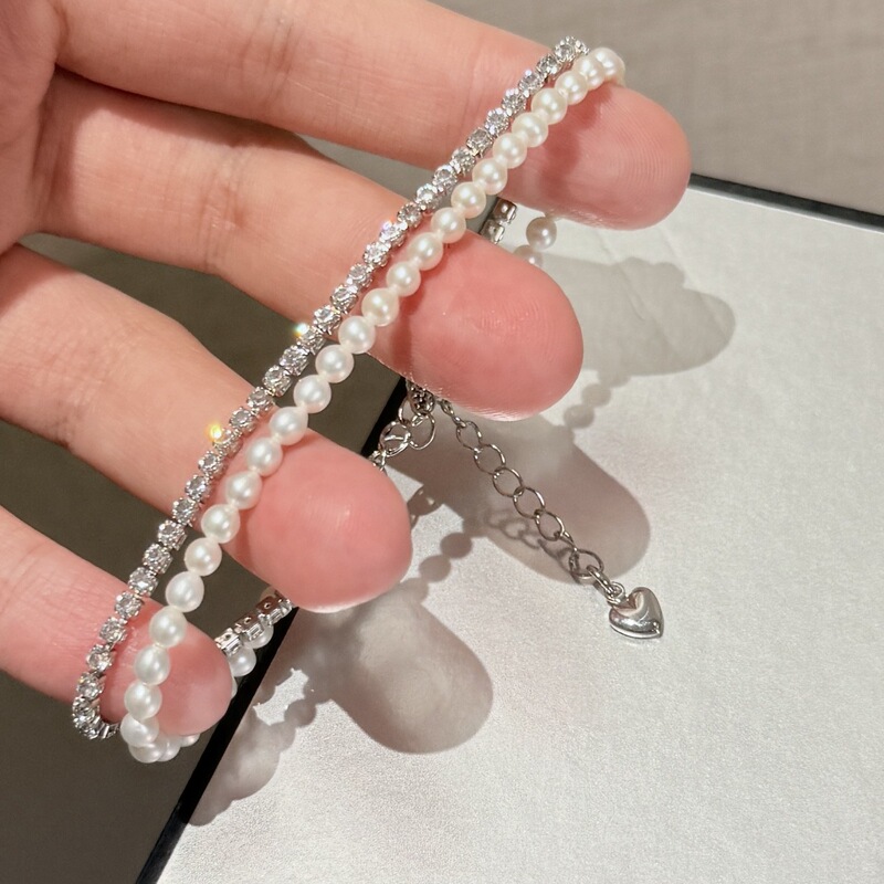 Zhuji Genuine Pearl and Diamond Double-Layer Bracelet with 3-4mm Near-Round, High-Luster Freshwater Pearls, Delicate and Refreshing for Layering
