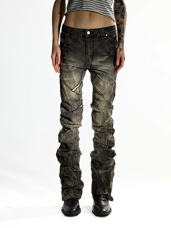 Elastic Ripped Blue Washed Skinny Jeans Mnml Four-Season Slim Fit Men's Flared Distressed Long Pants New Arrival