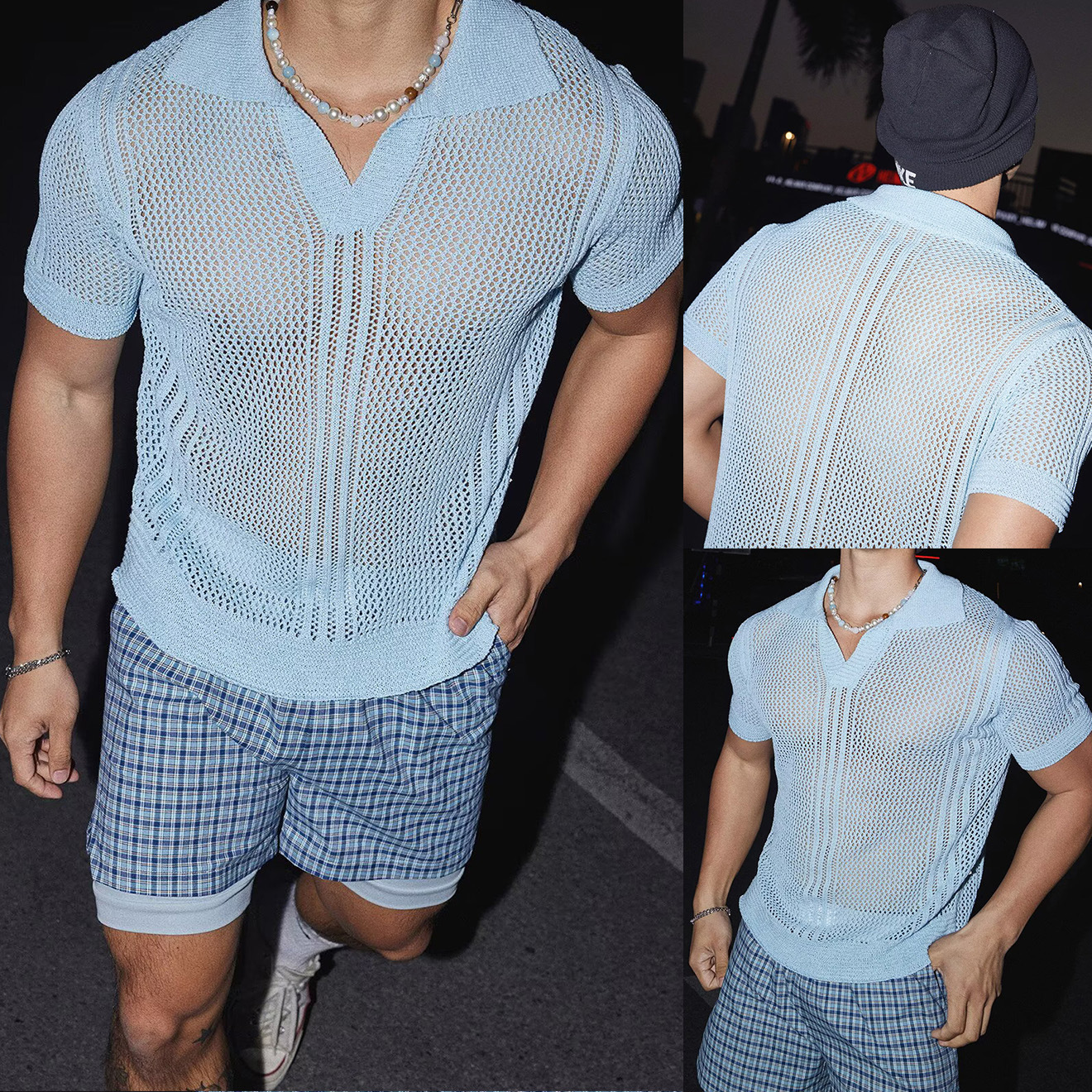 Polo camiseta de punto camiseta de manga corta hombre hueco gaviota cuello V cuello de malla perspectiva vieja camiseta de viento de dinero fábrica transfronteriza al por mayor