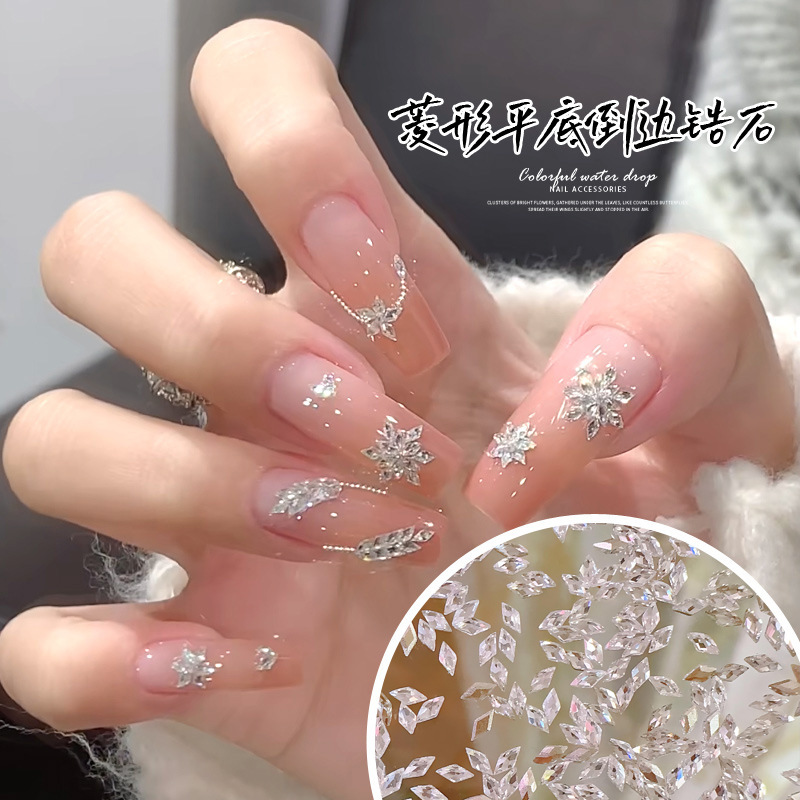 Mini Rhombus-Shaped Zircon Nail Art Rhinestones, Popular White Flat-Bottomed Rhombus-Shaped Snowflake Nail Decorations Wholesale