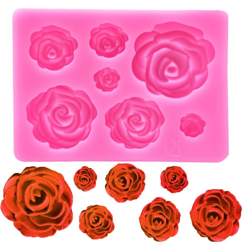 DIY grande, mediano y pequeño 7-pieza 3D flor Rosa molde de silicona Rosa chocolate fondant molde para hornear