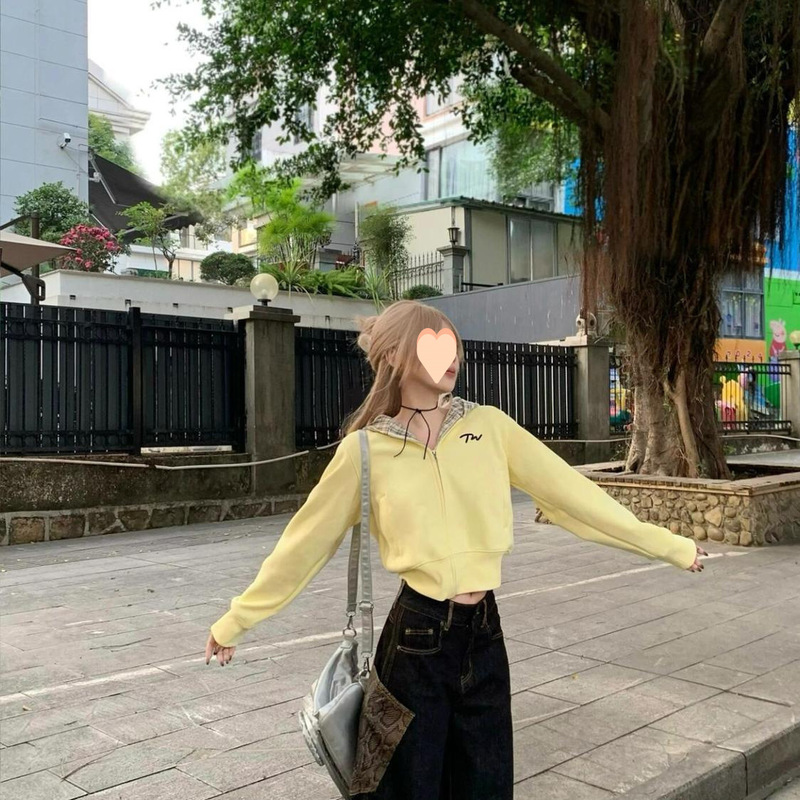 美式复古黄色格子连帽卫衣女春秋新款开衫短款设计感百搭上衣外套|undefined