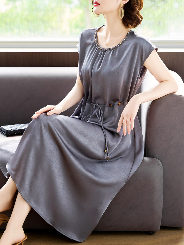Elegant Mom Summer Silk Dress New Style Middle-Aged and Elderly Women's Clothing Noble and Classy Waist-Cinching Long Dress