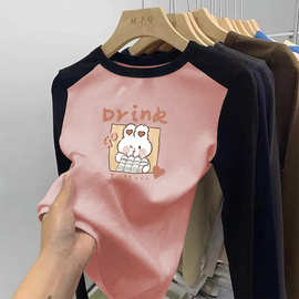 女童圆领德绒打底衫秋冬儿童保暖磨毛t恤中大童加绒加厚卡通上衣