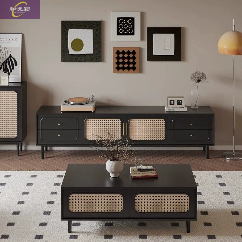 Новый французский комбинированный журнальный столик и тумба под телевизор, черный ретро-ротанг, напольный, простой стиль ваби-саби