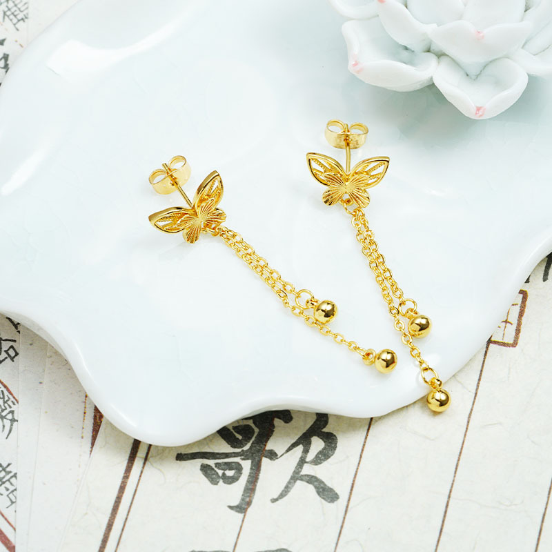 Pendientes de oro de arena de Vietnam, diseño retro, filigrana hueca, cuentas de mariposa, pendientes de borla, fabricante de joyas de moda nacional femenina