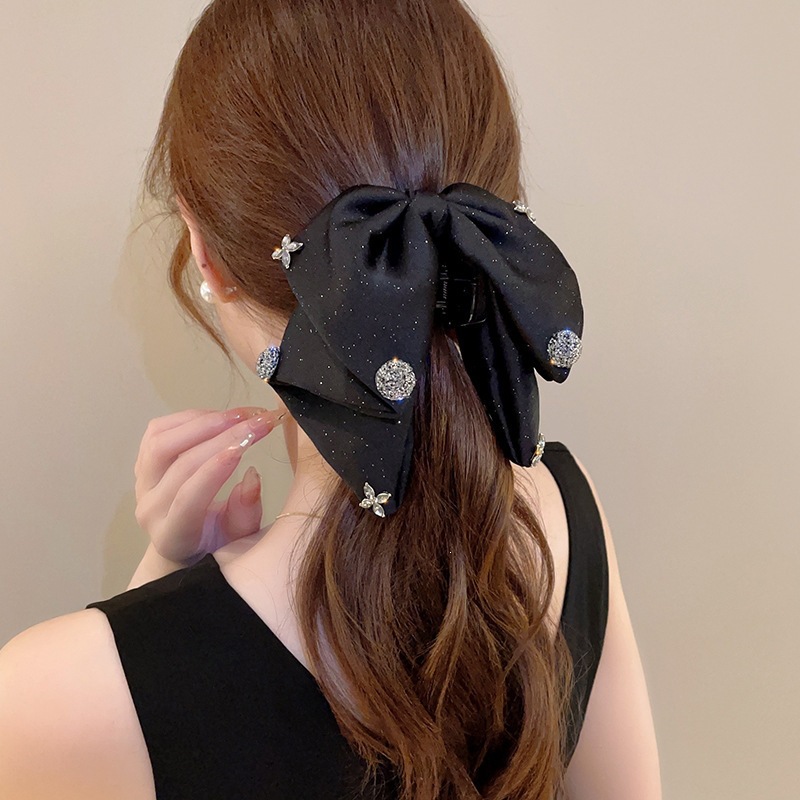 Satín de alta sensación, arco negro grande, clip de tiburón, toque de cabeza, clip de nube, clip de agarre, clip de cabello, tarjeta de cabello de mujer