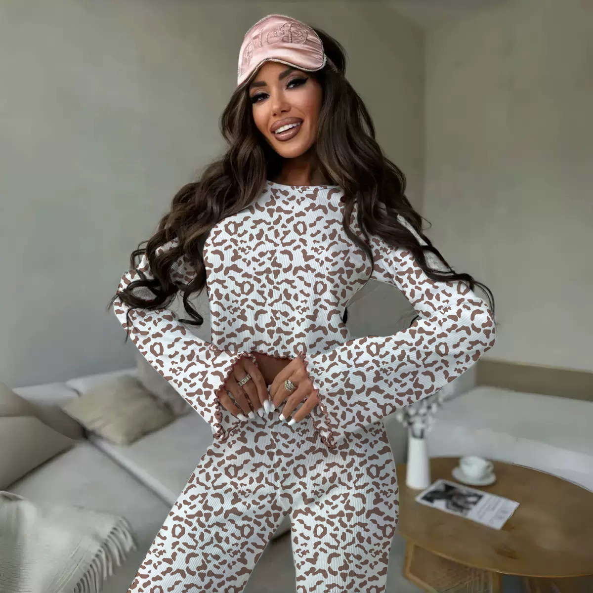 European and American New Skin-Friendly Leopard Print Pajamas Women's Intimates Pants Shirt 2-Piece Home Wear Amazon
