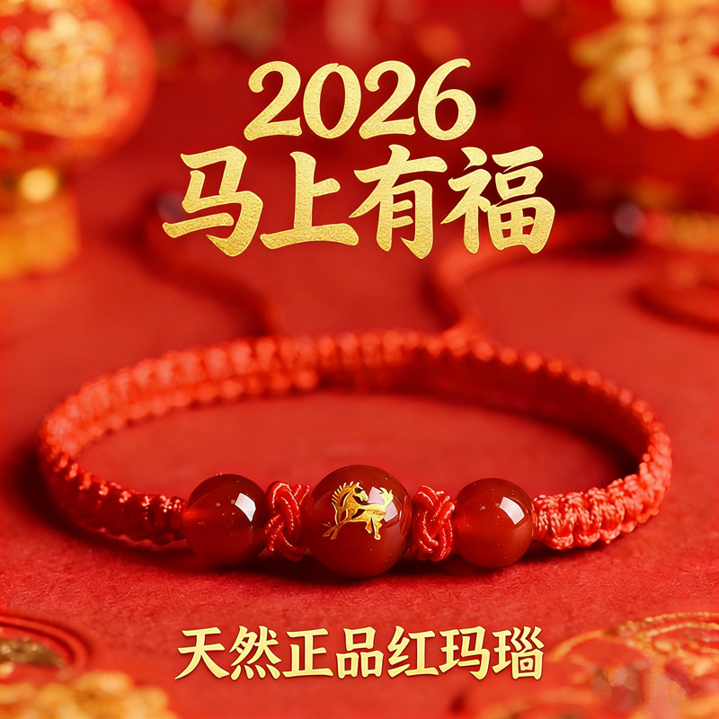 2026년 말년 십이지신 붉은끈 팔찌 천연 붉은 마노 남녀 공용 탄생년 행운구슬 팔찌 푸퉈산