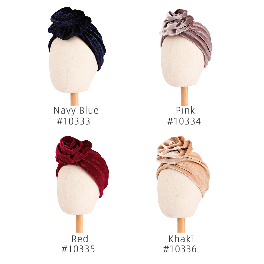 冬款絨布花朵頭巾帽歐美跨境保暖金絲絨包頭帽歐美秋冬帽子