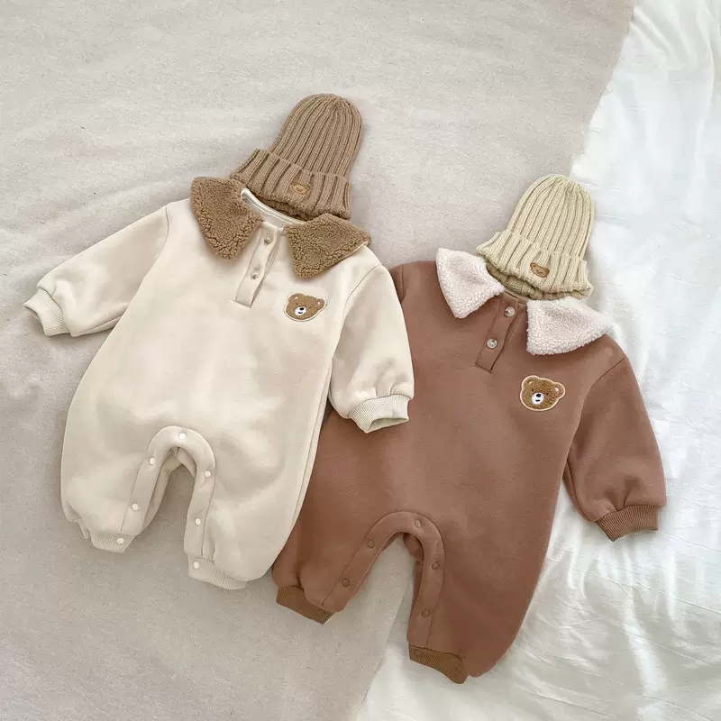 Теплое детское милое bodysuit для мужчин и женщин, девочек, флисовые длинные рукава, с медведями