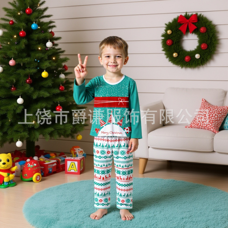 亚马逊速卖通家庭亲子套装圣诞节日印花可爱圆领长袖家居服睡衣|undefined