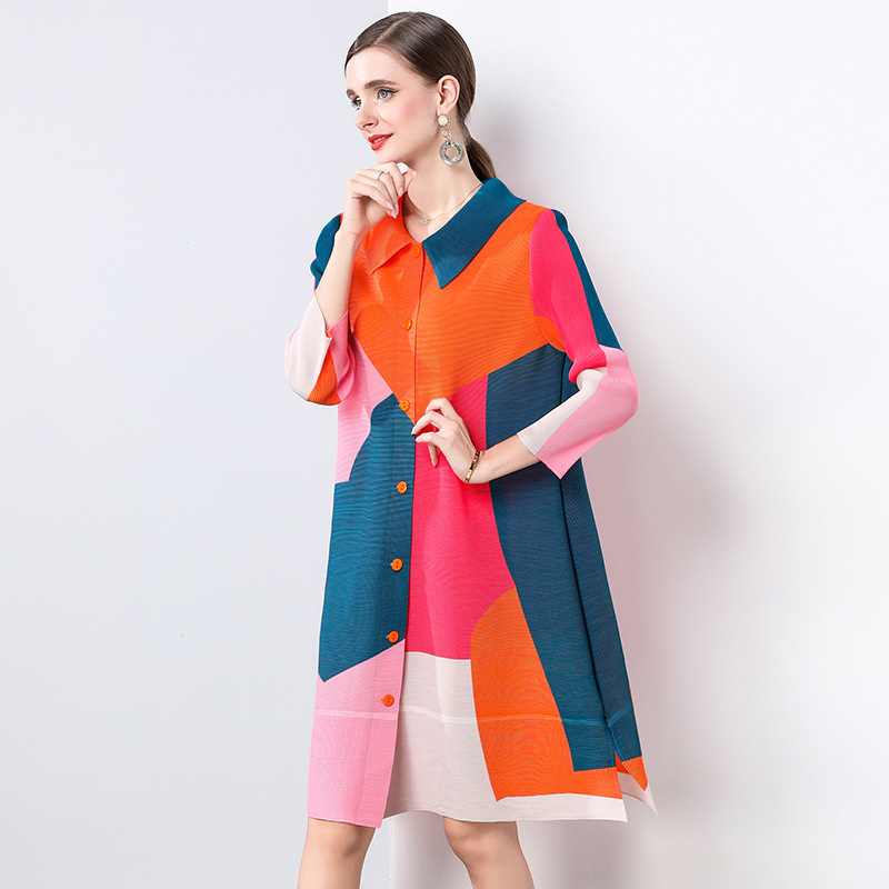 Fashion Lapel Contrast Color Printed Pleated dress Women's 2024 Autumn and Winter New Elegant Loose Slim Shirt and Skirt