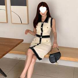 2026韩版夏装新款拼接撞色翻领无袖单排扣针织连衣裙女包臀中裙
