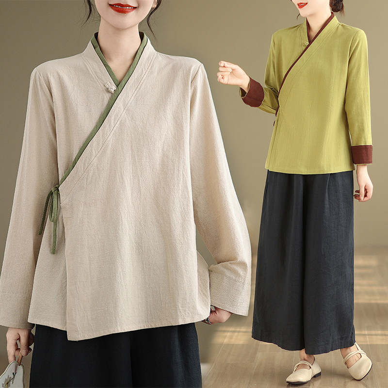 新しい唐装漢服女性の中国風トップス綿とリネンティーアーティスト服茶服在家服禅服長袖秋|undefined
