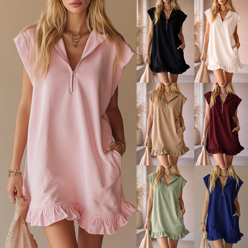 2026 Spring/Summer New Amazon Independent Store Sleeveless Double Pocket Dress with Zipper V-Neck Ruffle A-Line Dress for Women