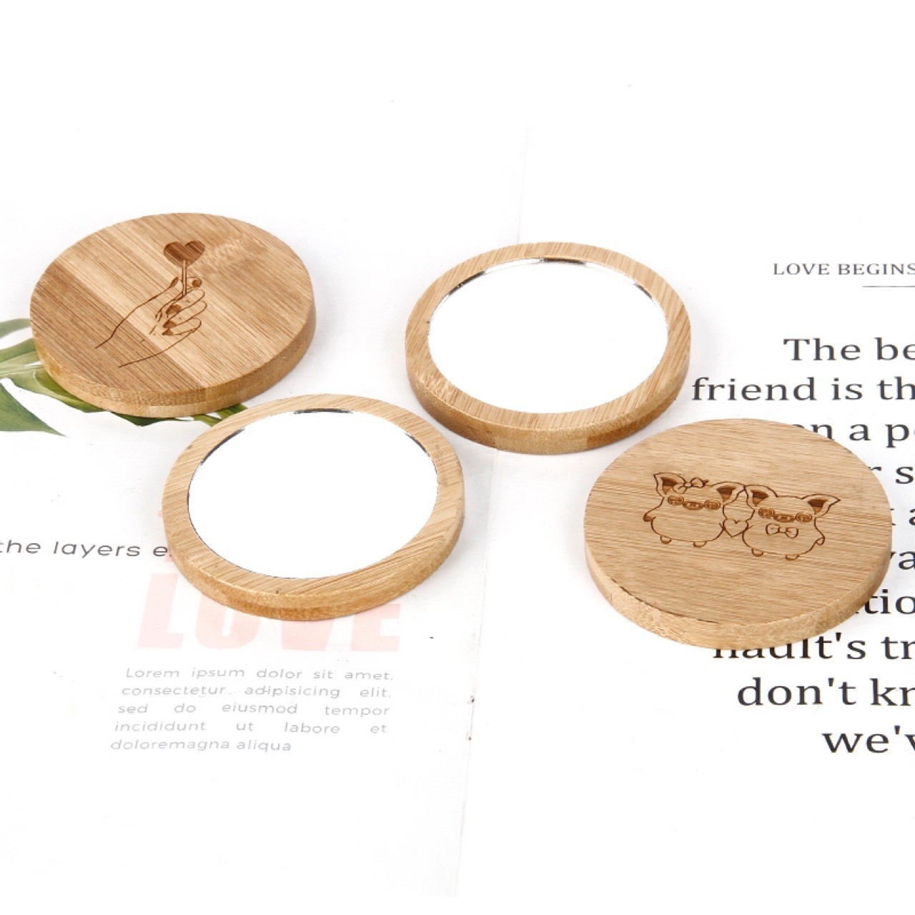 Fábrica de bambú al por mayor pequeño espejo circular de madera espejo mini espejo de maquillaje para dibujar logotipo de etiquetado personalizado