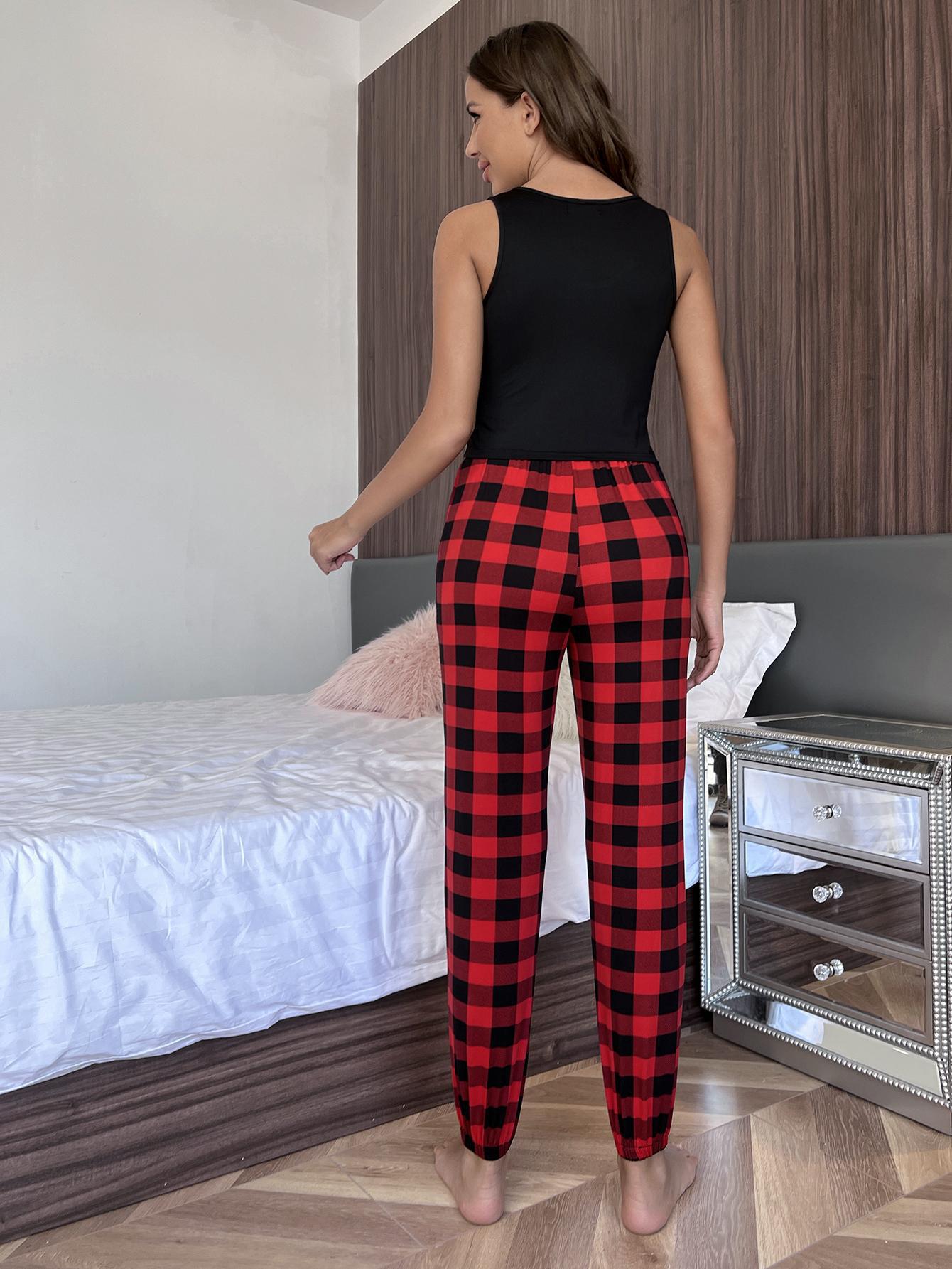 sleeveless round neck high waist plaid vest and trouser Loungewear-Can be worn outside NSWFC130808