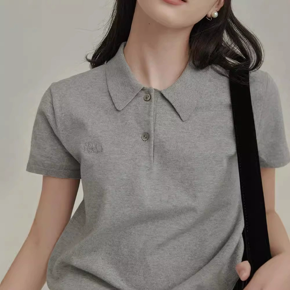 Retro Summer Polo Top, Women's Knitted T-Shirt, French-Style Collar, One Size