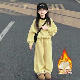 女童冬装一体绒卫衣卫裤两件套2026新款中大童韩版加绒宽松套装潮