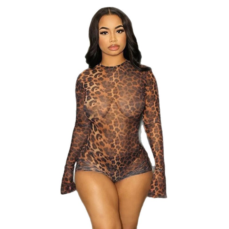 Comercio exterior ropa de mujer transfronteriza 2025 verano nueva moda estampado de leopardo sexy sin espalda manga larga mono delgado mujeres
