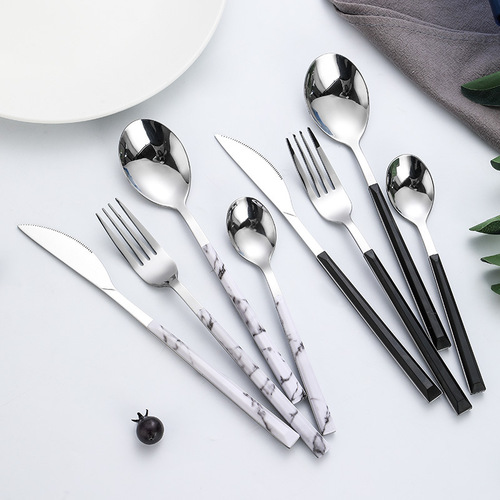 Ins Korean-style imitation wood-handled stainless steel knife, fork, and spoon set, Western steak knife and fork four-piece set with coffee spoon, gift set