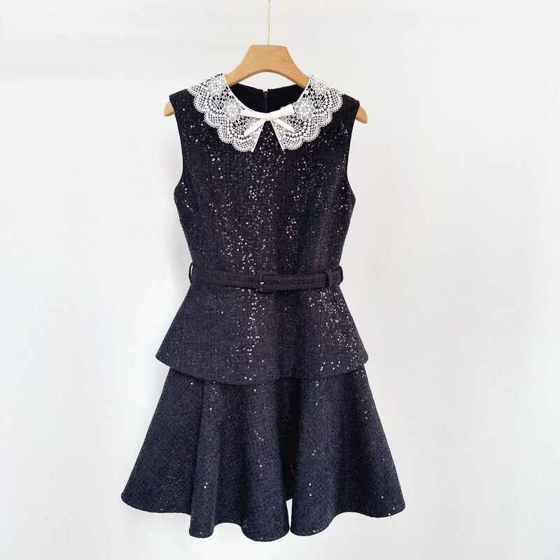 Classic Black Doll Collar Dress in a Rich Lady Style, Made of Black Tweed with Super Shiny Sequins, Perfect for Parties and Banquets, Sleeveless Dress