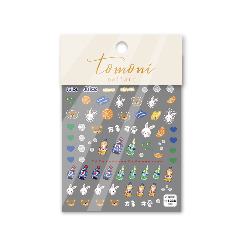 Papel adhesivo de uñas en línea popular de dibujos animados lindo pan conejo Etiqueta de uñas japonesa COLA alivio tridimensional hueco