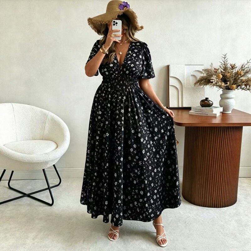 2026 New European and American Style V-neck Floral Dress for Women, Waist-Cinching A-line Long Dress, Elegant Retro Summer Vacation Dress