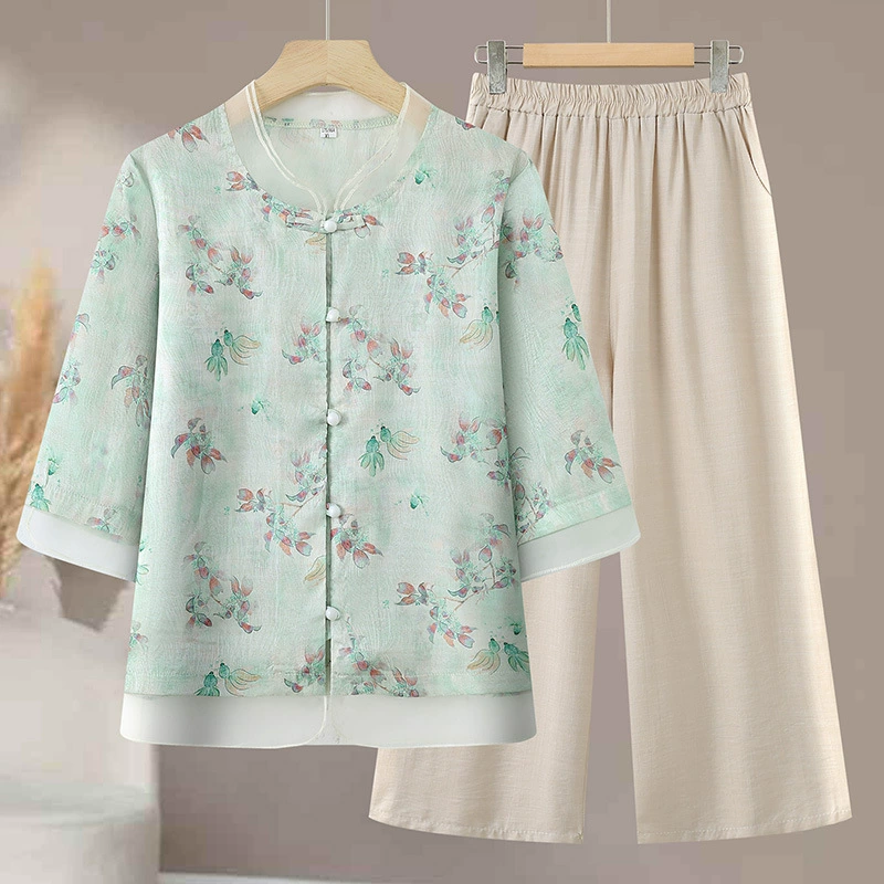 Мама летняя одежда тонкая ретро национальная ветреная маленькая рубашка из двух частей среднего и пожилого женского возраста летняя одежда с половинным рукавом