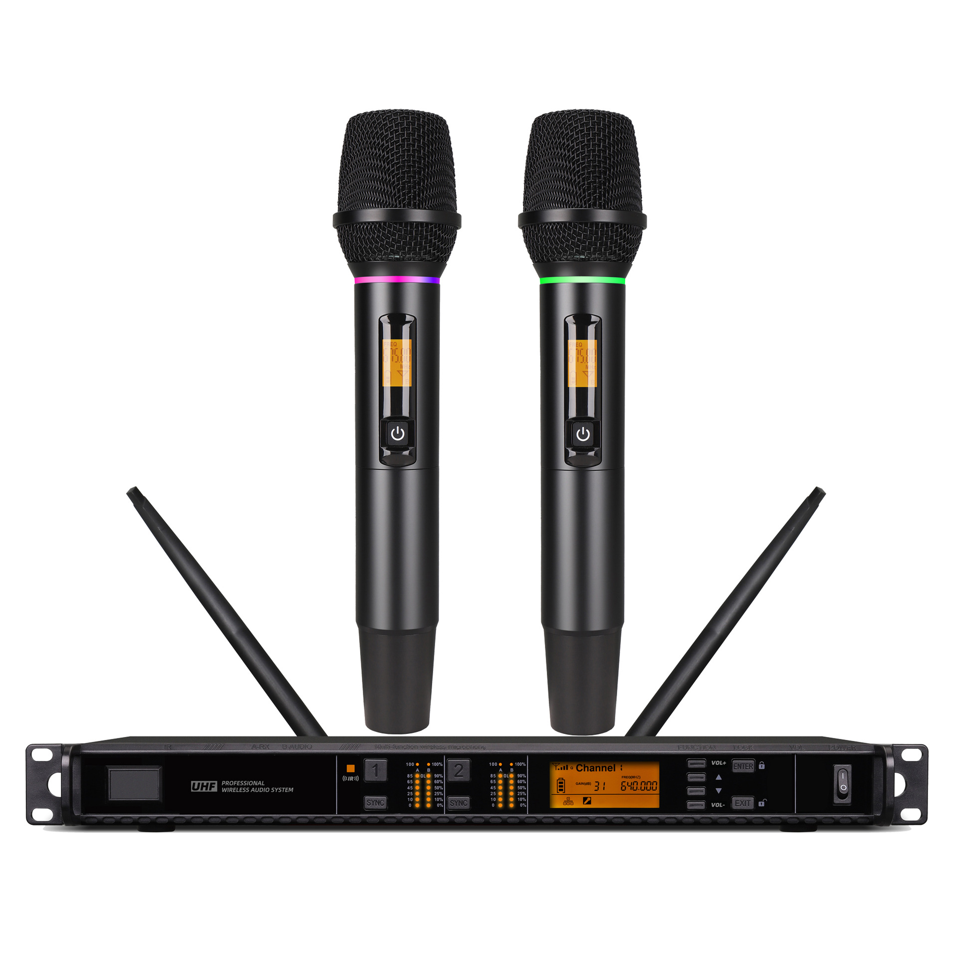 Rgb Colorful Wireless Microphone Metal Digital Display Fm U-Band One-To-Two Stage Ktv Dynamic Microphone