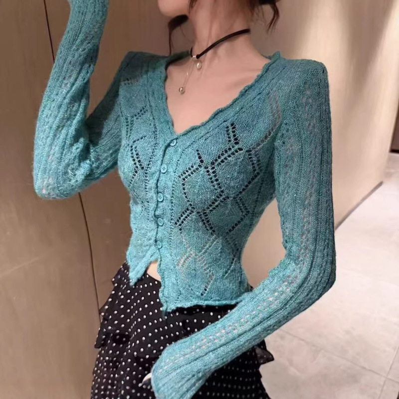 Thirteen Lines Kiyomi6 Spring New Pure Desire Hot Girl Hollow Out V-Neck Sequin Short Long Sleeve Knitted Sweater for Women