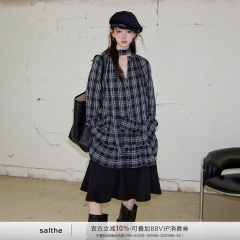 SALTHe盐茶丨自由生长格纹荷叶边连衣裙女休闲百搭长袖衬衫裙