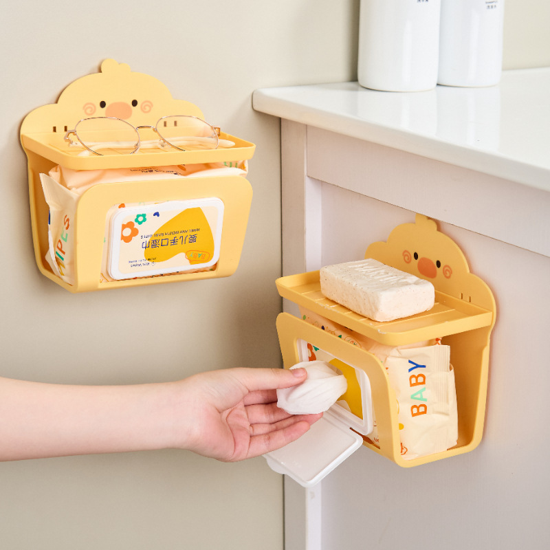 Little Yellow Duck Tissue Box Storage Rack Wall-mounted Paper Box Bathroom Punch-free Wet Wipe Rack Household Toilet Roll Paper